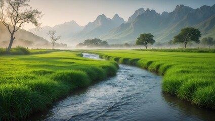Rivulet Cutting Through Lush Grasslands