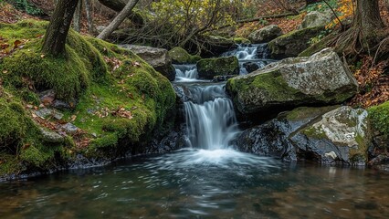 Fototapeta premium Tranquil stream flowing softly through a colorful autumn forest with green moss on rocks.