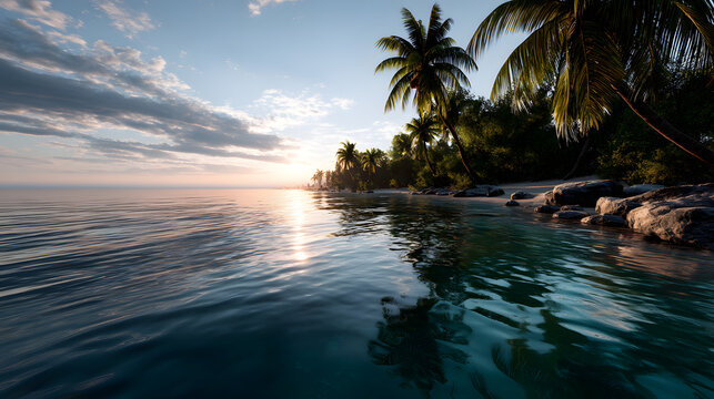 A picturesque tropical coastline with calm, clear waers, palm trees, and a stuning horizon bathed in golen light.