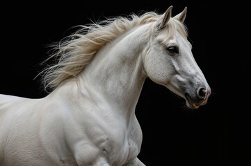 Obraz premium Portrait of a moving white horse against a dark backdrop