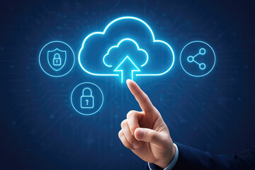 Hand touching a glowing blue cloud icon with upload arrow and security symbols cloud computing data transfer