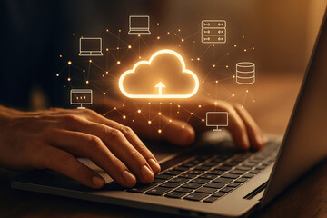 Hands Typing on Laptop with Glowing Cloud Upload Icon and Network Connections cloud computing data transfer