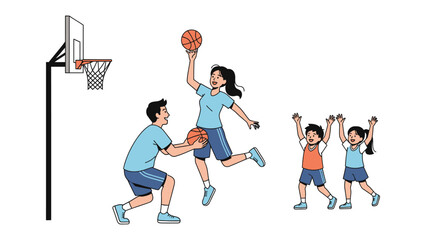 Basketball Family Fun: A vibrant illustration capturing a family's joy and sport's fun in the heat of competition, celebrating the values of teamwork and sportsmanship.