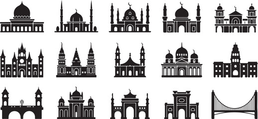 Collection of black silhouette architectural building icons including mosques bridges and castles Islamic architecture