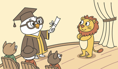 An owl wearing graduation robes and glasses receiving a graduation degree on the stage from lion and other animals around sitting on chairs warm lighting, photorealistic and educational stock image st