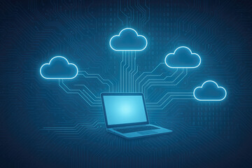 Laptop connected to multiple glowing cloud icons on a digital circuit board background cloud computing