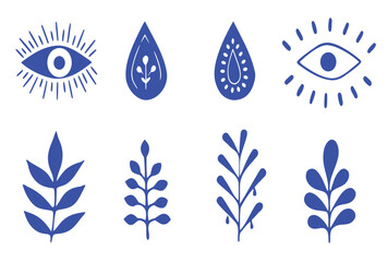 Bold Blue Abstract Icons: Eyes, Water Drops, and Stylized Botanical Elements; Modern, Minimalist Design.