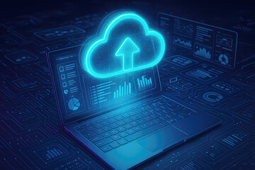 Laptop with cloud upload symbol and data analytics on a digital network background computer technology