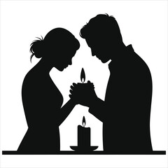 Romantic silhouette of couple lighting a candle together in intimate candlelight ceremony, black and white vector illustration symbolizing love, unity, devotion and vows for wedding invitations, cards
