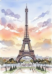 A watercolor illustration captures a famous, tall wrought-iron lattice tower against a pastel sunrise sky, with park foreground
