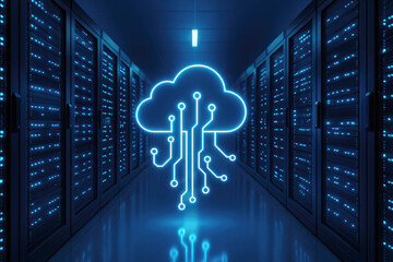 Neon blue cloud computing symbol in a server room aisle with glowing lights and reflections technology