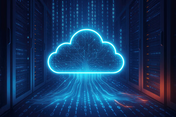 Neon blue cloud icon with binary code streams in a server room cloud computing data