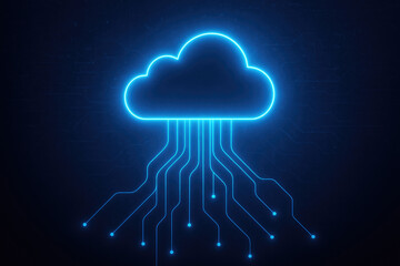 Neon blue cloud symbol with data connections on dark digital background cloud computing technology
