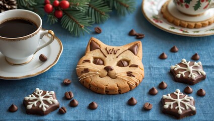 Old-fashioned baked treat featuring a cat face design on a blue table cover