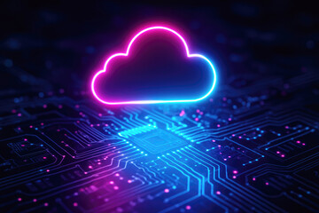 Neon cloud symbol glowing above a futuristic circuit board with pink and blue lights cloud computing