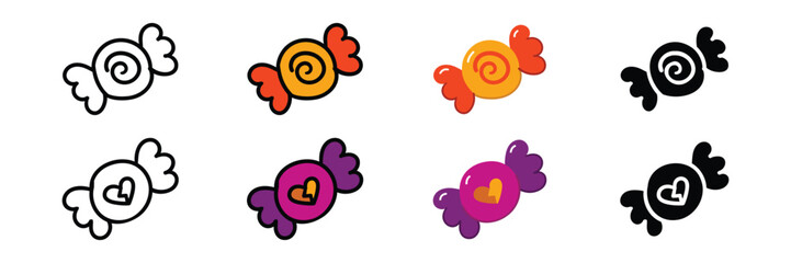 Set of Hand drawn halloween candy element icon in outline, filled, solid and flat style.vector illustration design