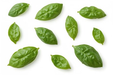 Fototapeta premium Fresh green basil leaves flying isolated on white background, perfect for design use. High resolution flat lay of multiple basil pieces and slices.