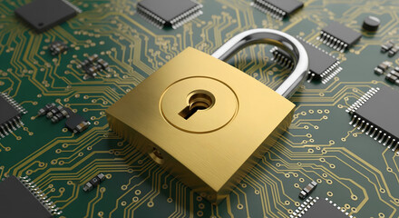 Golden padlock securing digital data on a modern circuit board, symbolizing security
