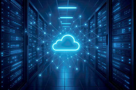 Network of glowing nodes connecting to a neon cloud symbol in a server room cloud computing data center