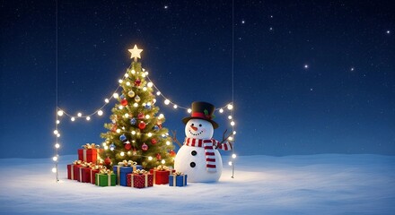Obraz premium Festive Christmas tree with gifts and cheerful snowman under starry sky