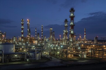 Industrial oil refinery with storage tanks and gas processing units at dusk