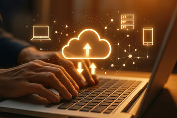 Person using laptop with glowing cloud network data upload and download icons cloud computing
