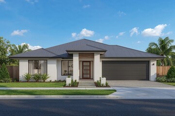 Contemporary home design with a clear blue sky backdrop, 3D visualization.