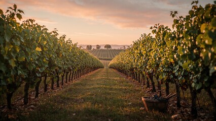 Naklejka premium Grape fields glowing under the autumn sunset during harvest season