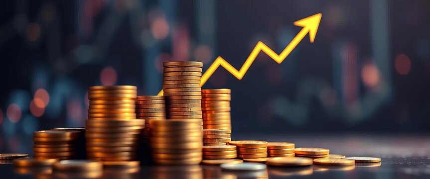 Financial success visualized with upward graph and rising coins, future, economy