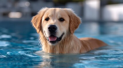 A cheerful golden retriever puppy happily swimming and playing in a refreshing pool on a sunny day
