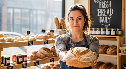 A woman holding a loaf of bread in a bakery.