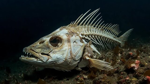 Creepy Underwater scene featuring the skeleton of a fish on a reef environment