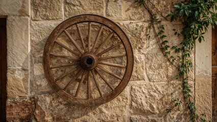 Fototapeta premium As I wandered through a rustic area, an old cartwheel caught my eye on a heritage building.