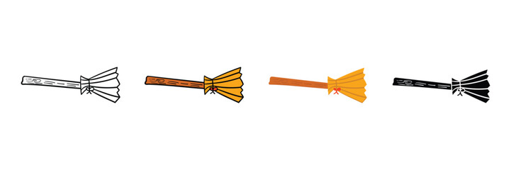 Set of Hand drawn witch broom halloween element icon in outline, filled, solid and flat style.vector illustration design