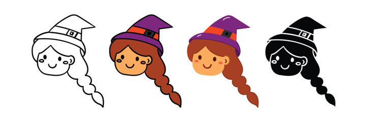 Set of Hand drawn witch girl halloween element icon in outline, filled, solid and flat style.vector illustration design