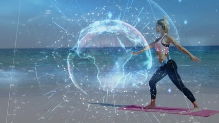 Animation of digital globe rotating over caucasian woman exercising on mat at beach against sky