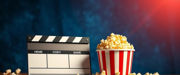 Classic movie clapperboard with a bucket of popcorn, production, projection