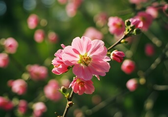 Pink Cherry Blossom Flowers in Bloom Springtime Branch with Delicate Petals and Buds.