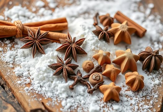 Close-up of cinnamon sticks, star anise, cloves, and nutmeg on a rustic wooden surface, surrounded by flour and sugar,  sugar,  flour