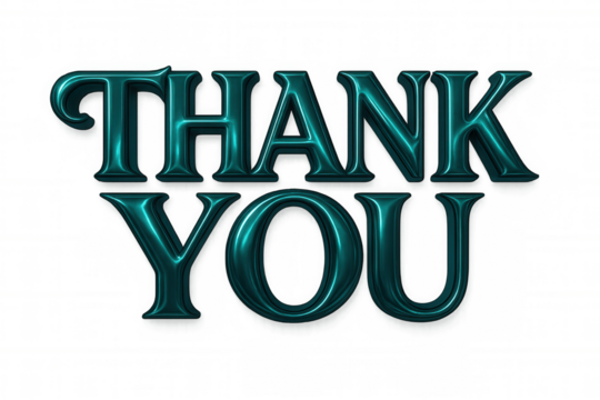 Turquoise metallic lettering expressing gratitude, shimmering on transparent surface, conveying heartfelt appreciation with elegant design