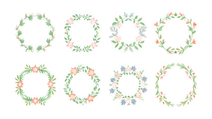 Watercolor floral wreaths collection featuring various flower and leaf arrangements in circular designs