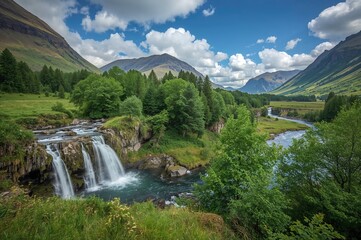 Fototapeta premium Scenic perspectives of the waterfall in a rugged mountain valley