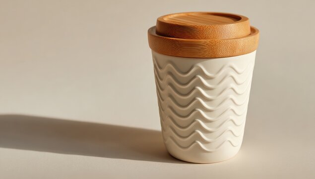 Off-white ceramic travel mug with light brown wooden lid, angled against a beige backdrop - Powered by Adobe