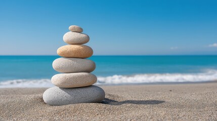 Serene Beach Scene with Balanced Stacked Stones on Soft Sand Against Vivid Blue Ocean and Clear Sky for Relaxation and Tranquility Themes