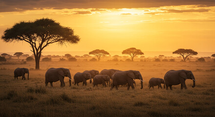 Fototapeta premium Golden Hour African Savanna – Safari Wildlife with Acacia Trees