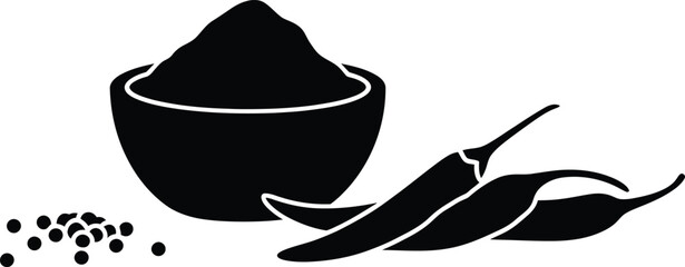 Black silhouette of chili powder with whole chilies and peppercorns