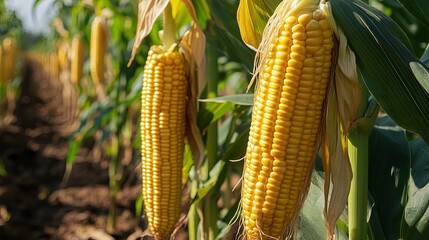 fresh yellow corn cobs growing in lush green plantation field under natural sunlight