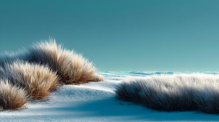 Abstract landscape featuring fluffy textured forms on a light blue background.