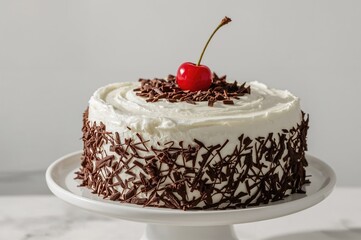 Creamy white cake adorned with chocolate and cherries on a plate