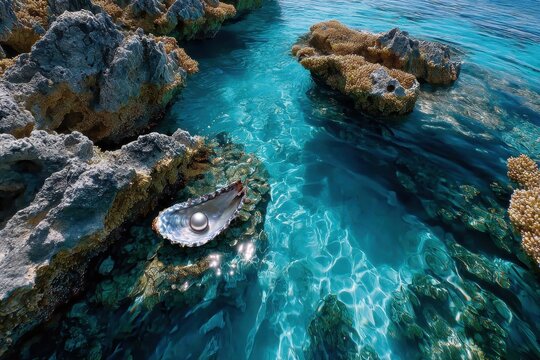 Diving into crystal clear waters to explore a pearl oyster among coral rocks - Powered by Adobe